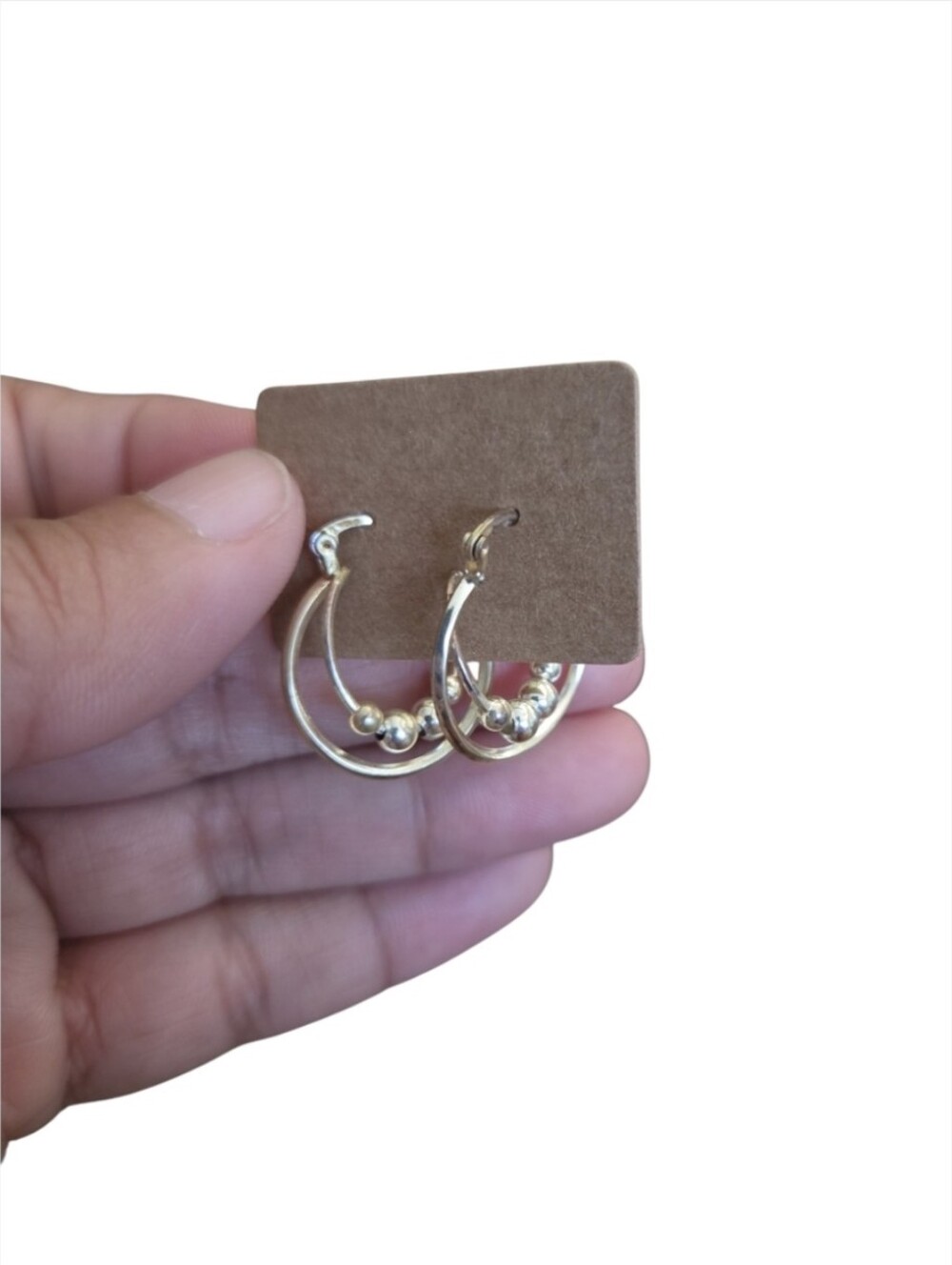 Vintage Tarnished Silver Double-Hoop Beaded Earrings .5"